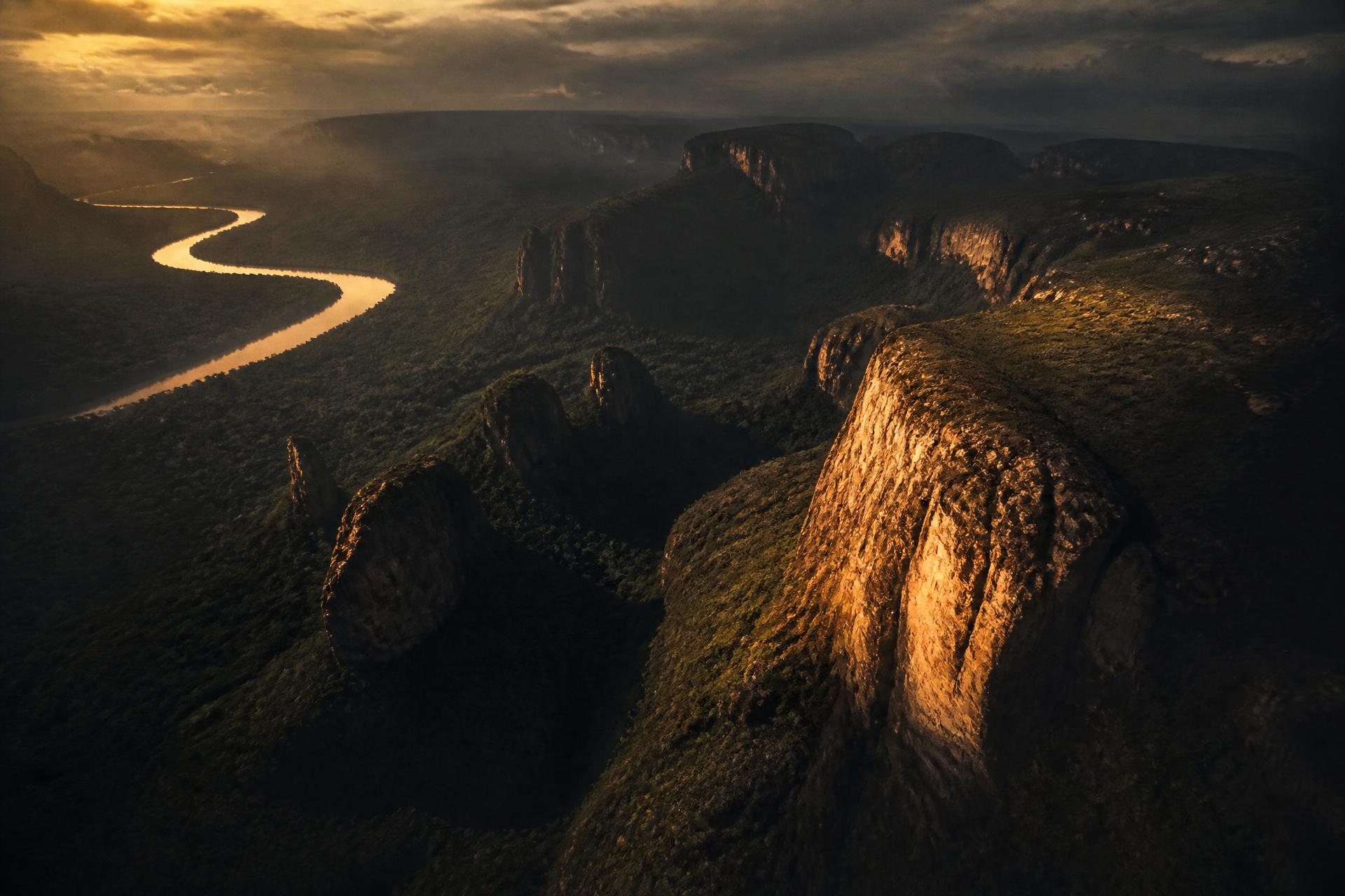 Aerial view of Brazilian frontier landscape at golden hour